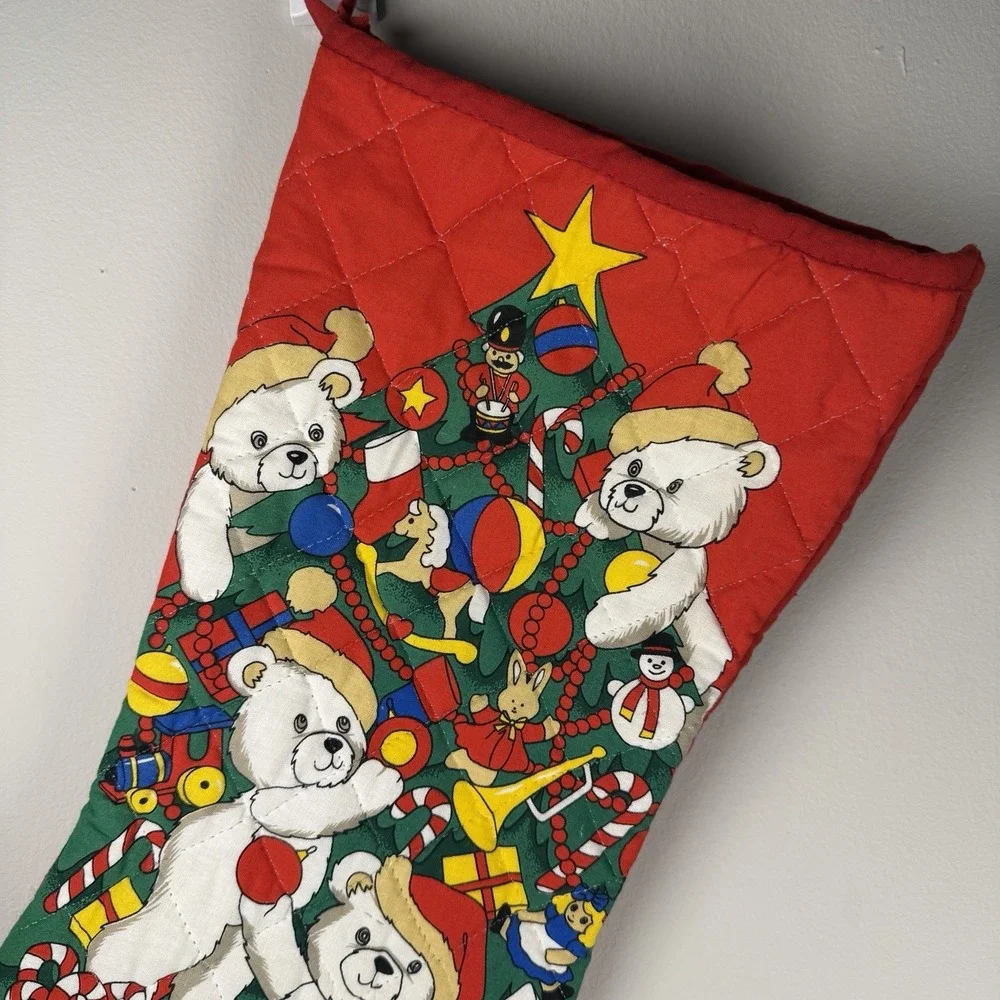 Vintage Handmade Cloth Christmas Stocking Bear Christmas‎ Tree Star Red Holiday